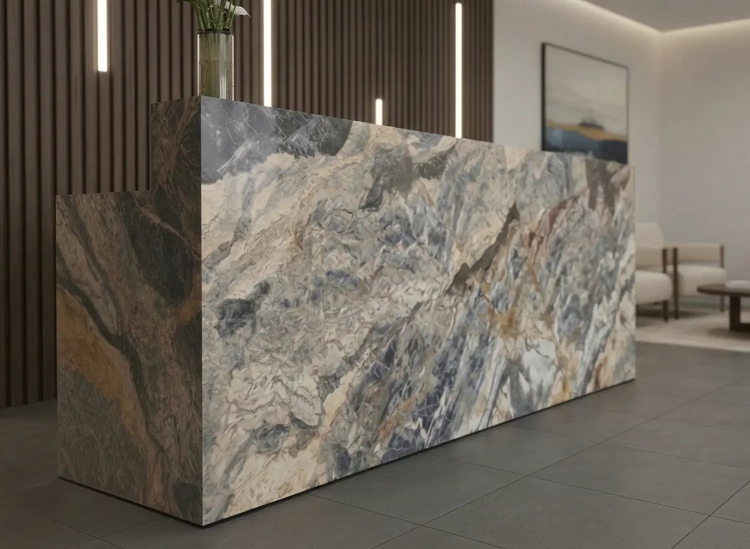 Ресепшен из мрамора Calacatta Viola — точное попадание в рендер — Фото 3